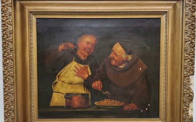 German School Signed LVL Grutznur Manner Kitchen Monks Interior Genre Oil Painting