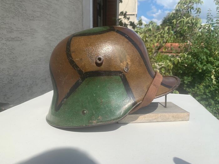 Germany - Stahlhelm model 1916 helmet painted in autumnal tones camouflage WWI leather interior chin strap