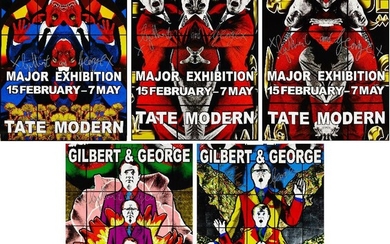 Gilbert & George, British b.1943 & b.1942- Major Exhibition Tate Modern, 2007; five digital pigment prints in colours on smooth wove, each sheet signed by both artists in silver ink, each sheet 76 x 51cm (unframed) (5) (ARR)