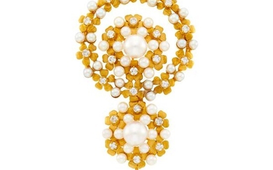 Gold, Cultured Pearl and Diamond Brooch