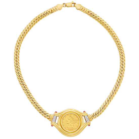 Gold, Gold Coin, Diamond and Cabochon Ruby Necklace