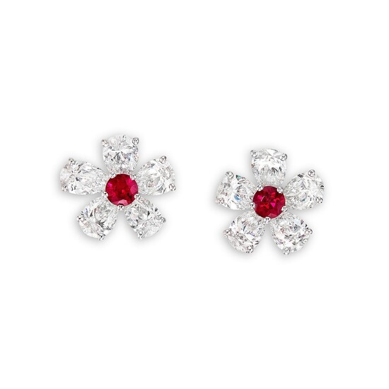 Graff, A Pair of Ruby and Diamond 'Flower' Earrings, Graff