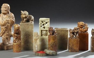 Group of Fifteen Chinese Carved Soapstone Chops, 19th