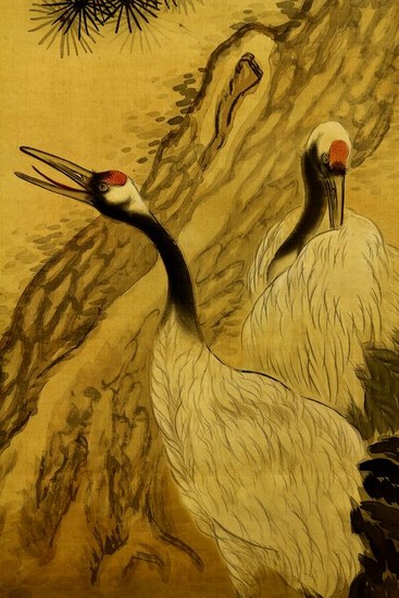 Hanging scroll - Silk - Cranes under pine tree - With signature and seal - Japan - ca 1930-50s (Early Showa period)