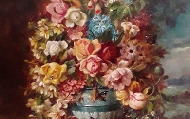 Hans Zatzka (1859-1945) - Nature morte - Composition fleurs, papillons, abeille et une grenouille