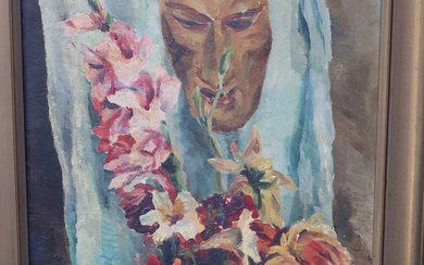 Helmut Obstfelder (1904 Mainz - 1999 Koblenz-Meisterschüler von Max Beckmann) "Masque avec fleurs", huile sur...