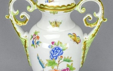 Herend Hungary Hand Painted Covered Urn w Handles