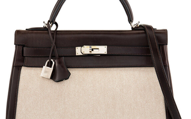 Hermès 32cm Chocolate Swift Leather & Toile Retourne Kelly...
