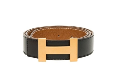 Hermès - Ceinture Reverso en cuir box noir et cuir grainé gold Belt