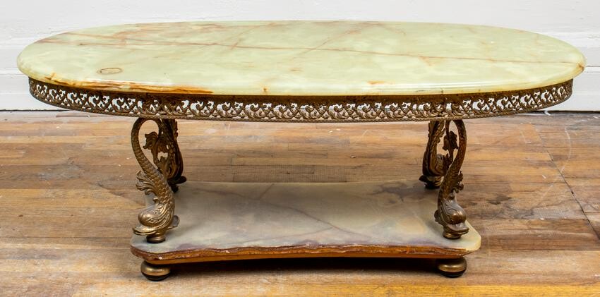Hollywood Regency Style Gilt Metal And Onyx Table
