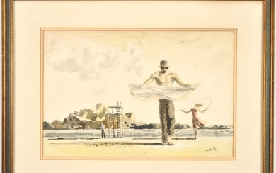 Hughie Lee Smith. African American. 1950s beach scene watercolor painting with figures and life