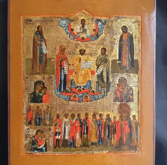Icon, Large Orthodox With Deesis Pictures of the Mother of God & Selected Saints - Wood - 19th century
