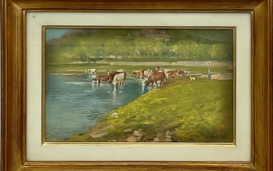 Ignoto di inizio XX secolo "Paesaggio con pascolo" olio su tavoletta (cm 18x27) monogrammato in basso a destra in…