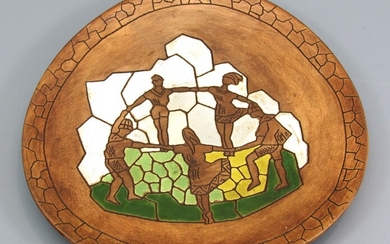 Impressive Ceramic Plate Made by Keramos Decorated with a Scene of Pioneers Circle Dancing