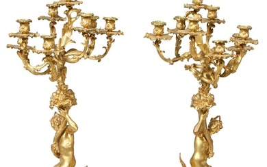 Impressive Pair of French Gilt Bronze Eight-Light Candelabra, 19th c., H.- 34 in., W.- 14 in., D.