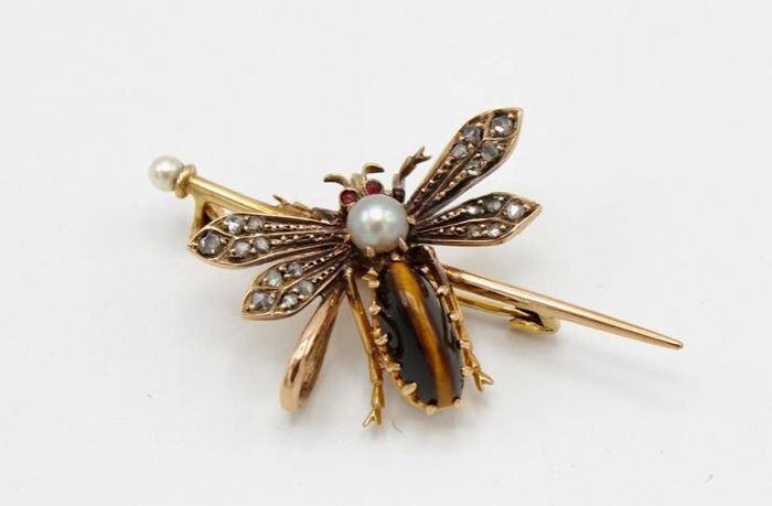 Insect - 18 kt. Gold - Brooch - Diamonds, Rubies