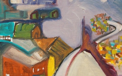 Israeli School, mid-20th century- Abstract street scene; oil on canvasboard, signed lower left, bears stamp in Hebrew to the reverse, 19 x 24 cm