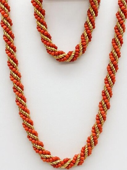 Italian Coral & 18k Torsade Necklace Bracelet