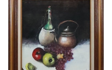 Jack Walls, Oil on Canvas Painting, Still Life Grapes, Fruit, Wine Bottle