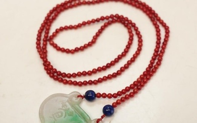 Jade Jadeite Ruyi Pendant bright apple green and white red beaded necklace