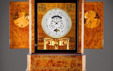 Jaeger-LeCoultre Atmos du Millénaire Marqueterie, Reference 5523101 | A marquetry wood cased gilt metal timepiece with 1000 year calendar and moon phases, Circa 2008 | 積家 | Atmos du Millénaire Marqueterie 型號5523101 | 細木雕嵌鍍金時計，備千年曆及月相，約2008年製