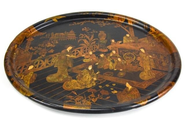 Japanese Black & Gold Lacquer Tray w Court Scene