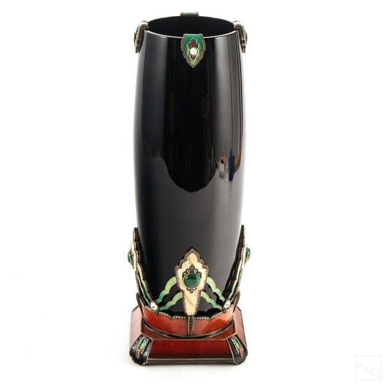 Jay Strongwater Black Glass Art Deco Enameled Vase