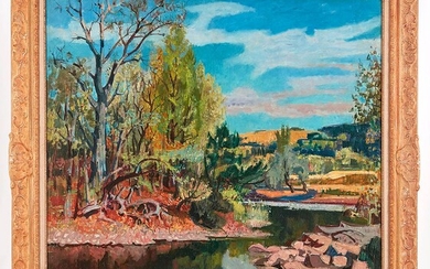 Jean AUJAME (1905-1965) Sauvagnat, paysage animé, 1953 Huile sur toile signée en bas à droite,...