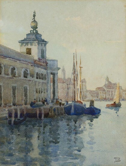 John Rustat Blake, British, late 19th / early 20th century- The Customs House, Venice (evening); pencil and watercolour on paper, signed with the artistâ€™s monogram (lower right), signed and inscribed on the old backing board now attached to the...