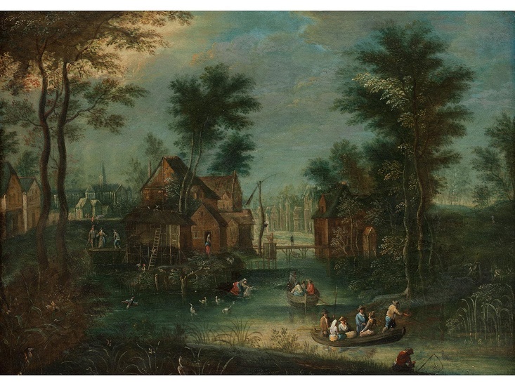 Joseph van Bredael, 1688 Antwerpen – 1739 Paris, DORFGRACHT MIT BOOTEN