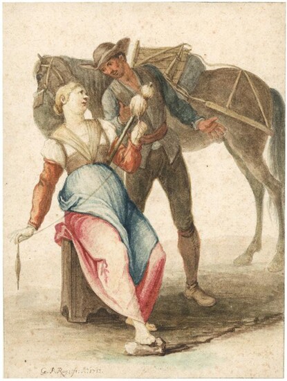 Junge auf einem Hocker sitzende Frau mit Spinnrocken und Spindel, die sich mit einem Mann unterhält, dessen Pferd hinter ihm steht.