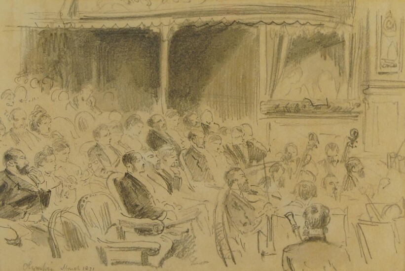 Keeley Halswelle RI, British 1832-1891- Olympia Theatre, 1871; pencil on paper, titled and dated lower left, 12 x 18 cm. Provenance: Abbot & Holder, 21/8/96, according to the label attached to the reverse.