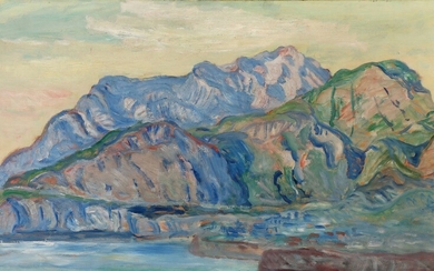 Kræsten Iversen: View towards mountains. Sigend KI. Oil on canvas. 58×100 cm.