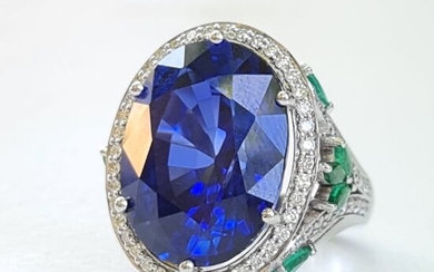 Large Oval Sapphire Diamond Ring - 14 kt. White gold - Ring - 25.00 ct Sapphire - 1.42 natural emerald + 1.05ct Natural Diamonds - F / VS