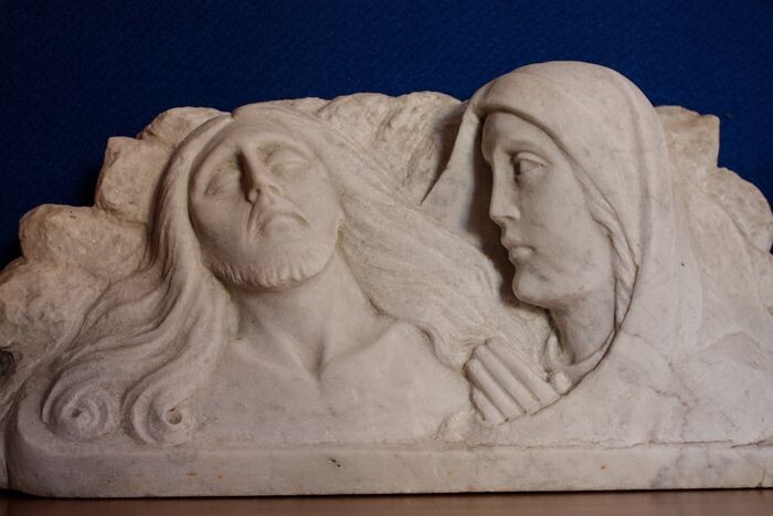 Large Relief Sculpture of Jesus and Mary - 53 cm. - Marble - 20th century