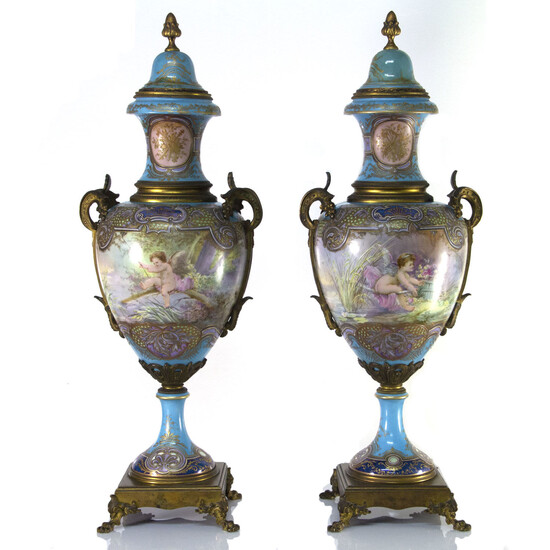 Large and Impressive Pair of French Porcelain and Bronze Sevres Style Urns, 19th Century.