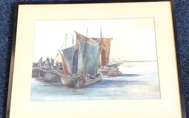 Late Victorian watercolour, figures and sailing boats at quayside, signed...