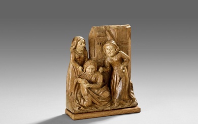 "Les femmes réconfortant leur amie, au fond une architecture" Groupe en bois sculpté et anciennement...