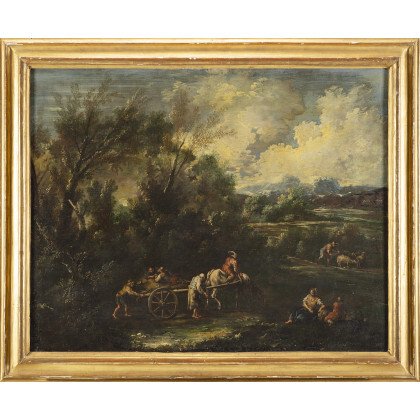 Lombard follower of Alessandro Magnasco, 18th century Landscape with shepherds, herds and mountains in the background Oil on canvas,...