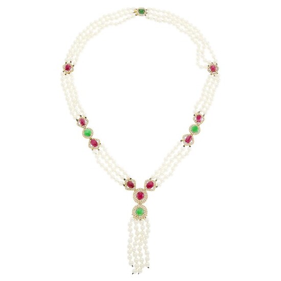 Long Triple Strand Cultured Pearl, Two-Color Gold, Cabochon Colored Stone and Diamond Fringe Sautoir