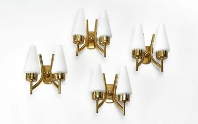 Lot of four two-flame wall lamps with brass structure