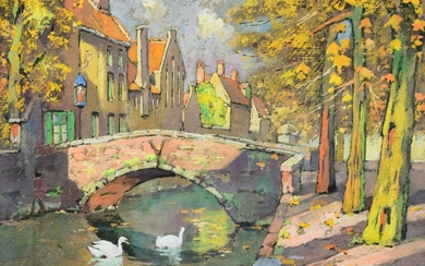 Louis Reckelbus (1864-1958), the 'Groenerei' in Bruges, gouache, 26 x 36 cm