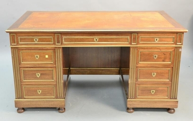 Louis XVI style mahogany desk having brass mounts and