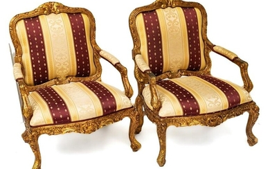 Louis Xv Style Gilt Carved Walnut Open Armchairs, H 44’’ W 32’’ Depth