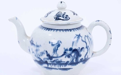 Lowestoft teapot and cover, of globular form, painted in blue with a boy crossing a bridge within a berry border, the cover printed with Chinese islands, painter's number 3 inside footrim, 14.5cm h...