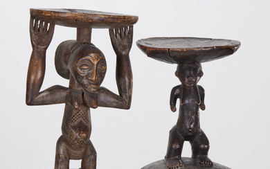 Luba People, (2) antique female Tabwa stools