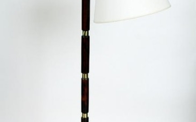 MAHOGANY BRASS FLOOR LAMP WITH THREE BRASS LEGS