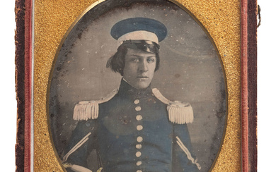 [MEXICAN WAR]. Quarter plate hand-tinted daguerreotype of a militiaman wearing a wheel cap and holding a militia officer's sword.