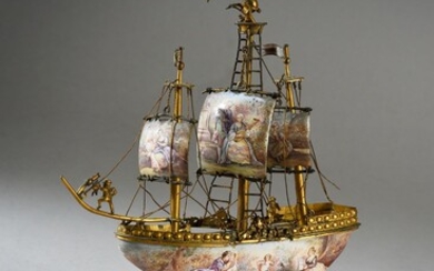 * MINIATURE GALION WITH THREE MASTS, VIENNA, circa 1900.In polychrome enamels decorated with romantic scenes, resting on a gilt bronze base decorated with a Poseidon, ending on an enamelled base of oval and curved shape.Austrian work, Vienna, circa...