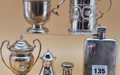 MISCELLANEOUS 20th C. HALLMARKED SILVER, TO INCLUDE A HIP FLASK, CHESTER 1937, A CHRISTENING MUG